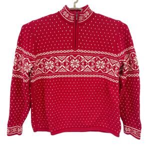 Lands End Vintage Fair Isle 1/4 Zip Sweater Snowflake Red Cotton Size Large